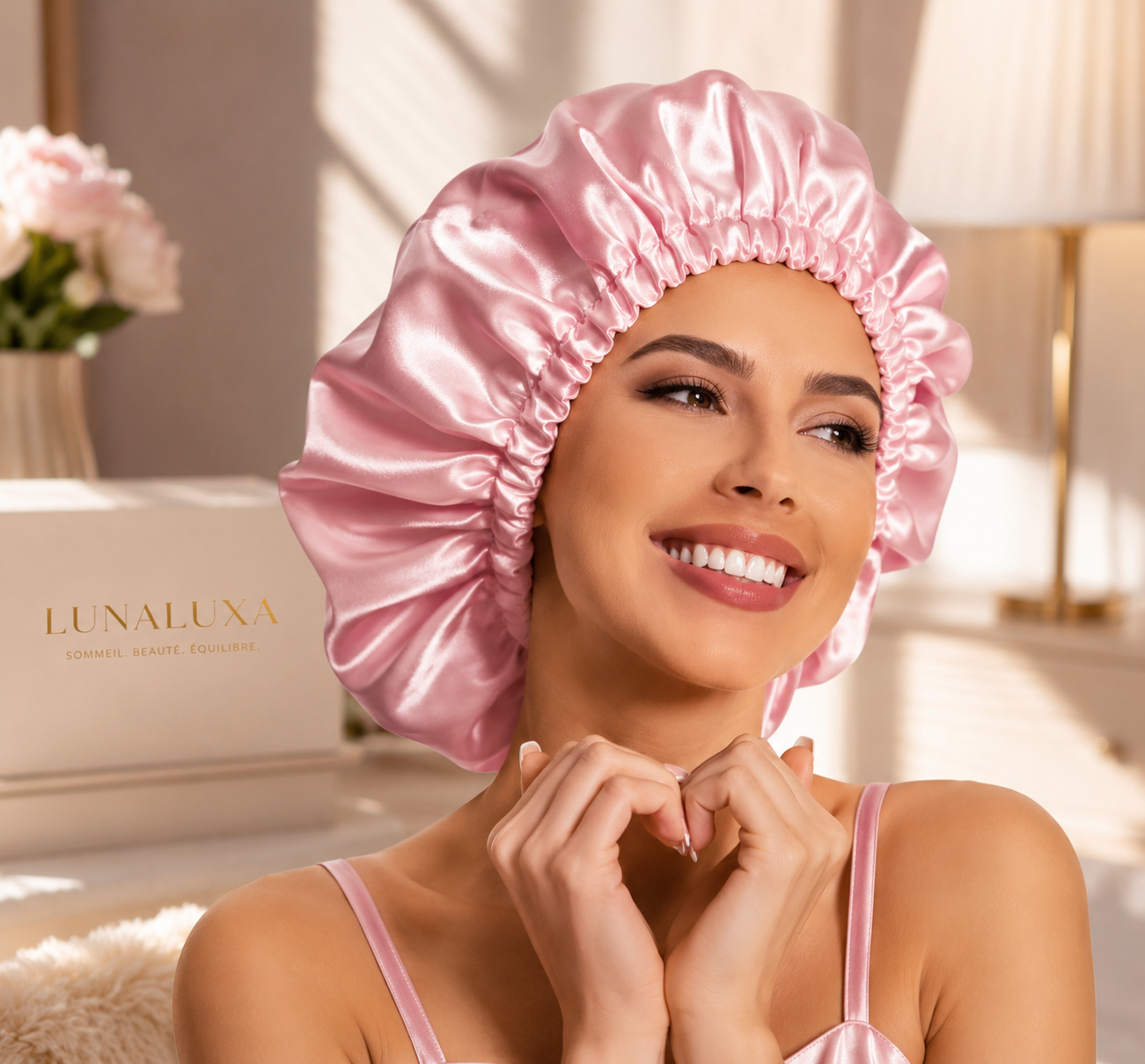 Bonnet de nuit en soie Rose Poudré porté